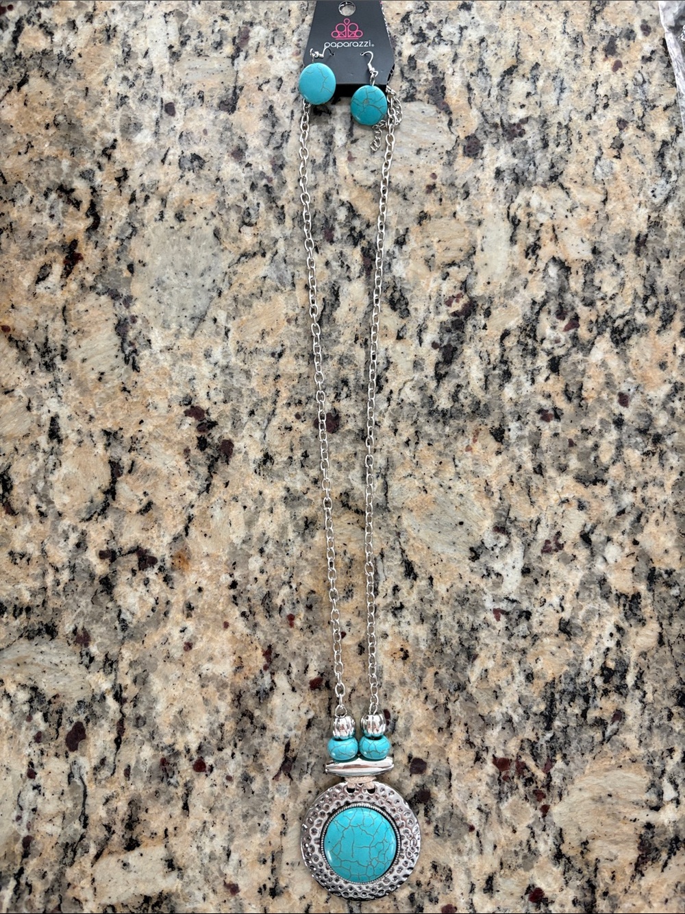 paparazzi Silver-Tone Necklace with Turquoise Cabochon Pendant and Studs